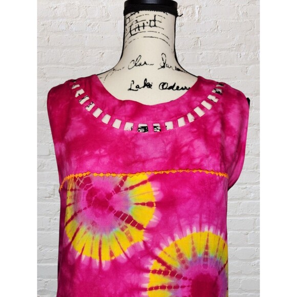 Tie Dye Midi Dress Juniors LG Pink Sleeveless Beaded Fringe Boho Hippie Gypsy - Picture 2 of 6